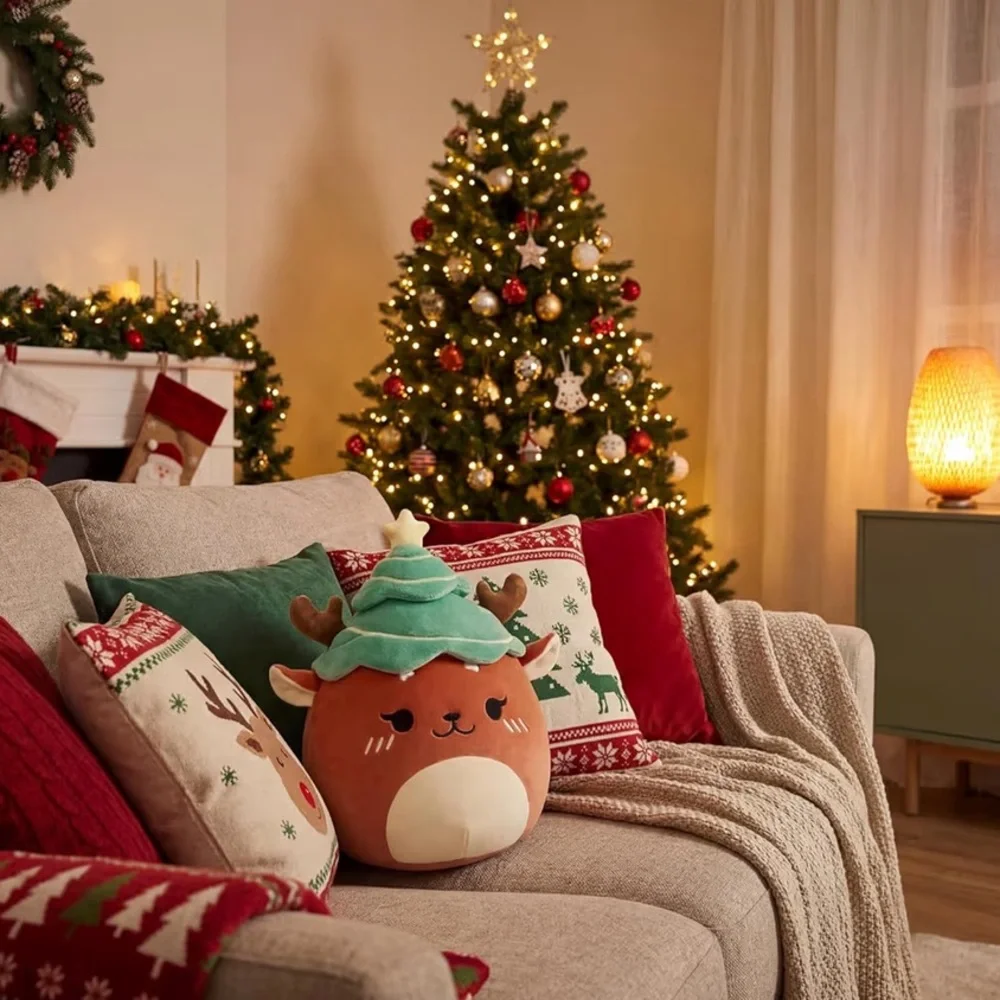 Merry Christmas ‘Reindeer Plushie with Tree Hat’ Holiday Pillow